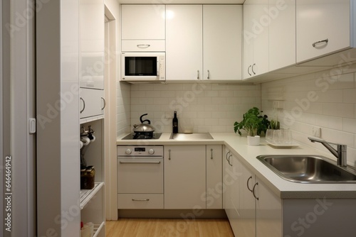 A compact kitchen with wooden floors and white appliances against the wall near the entrance. Generative AI