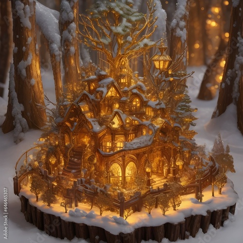 Fairy tale with golden tree and snow. Fairyland. Generative AI.   © Jolie