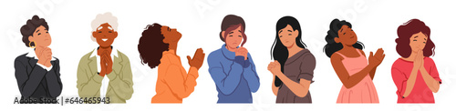 Young and Old Female Characters Bowing With Closed Eyes, Hands Clasped, Expressing Reverence And Supplication