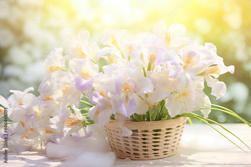 Irises  flowers in a basket, place for a text 