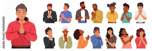 Male And Female Characters Bow With Closed Eyes And Folded Hands, Expressing Reverence Vector Illustration