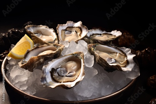 Photo of a delicious plate of fresh oysters served on ice with a refreshing lemon wedge created with Generative AI technology