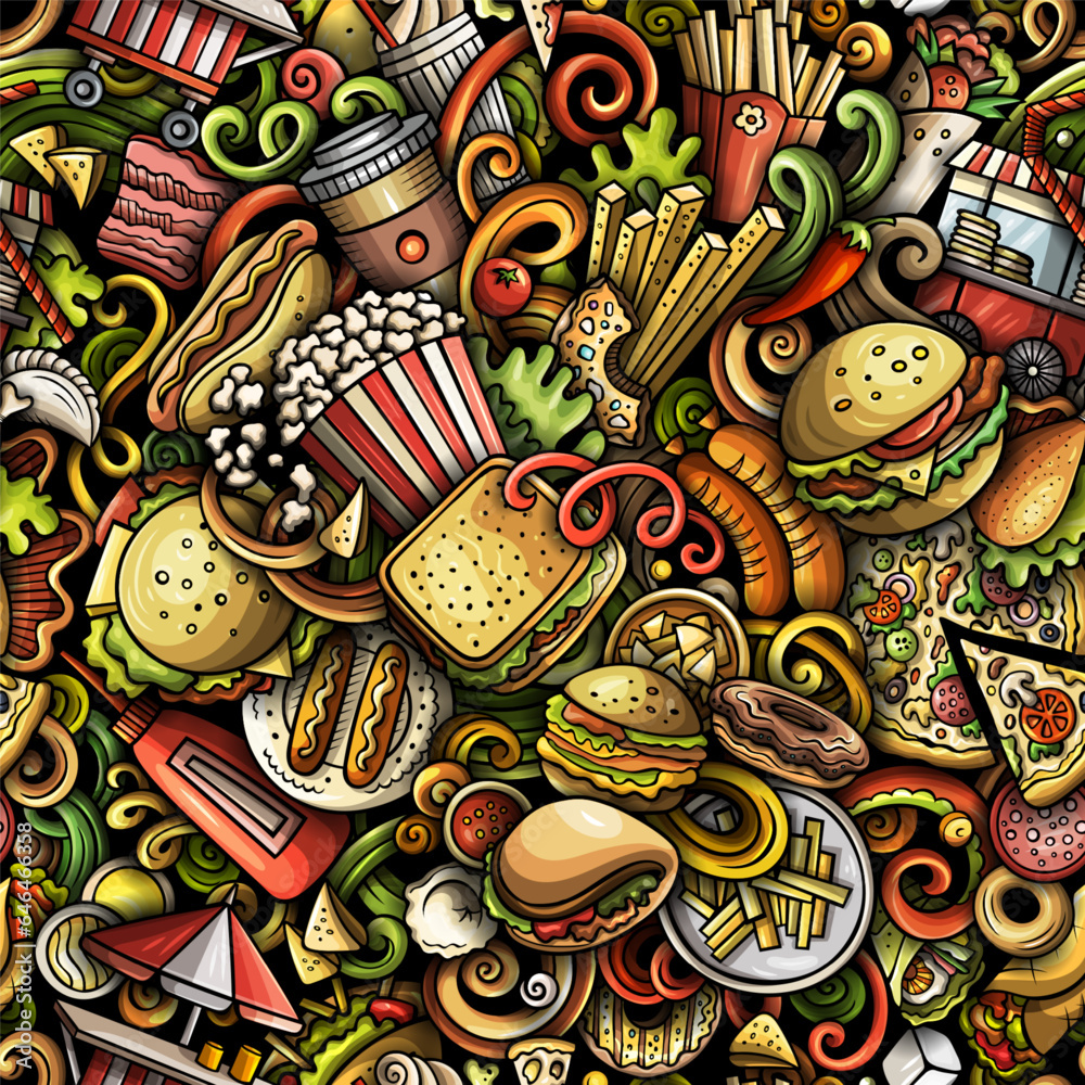 Cartoon doodles Fastfood seamless pattern