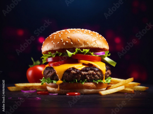 Fresh tasty burger with bacon and cheese on dark neon background
