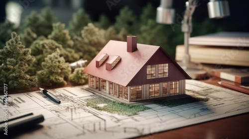 Mini modern house on blueprint layout architect concept