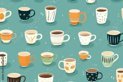 Repeating design featuring drawings of tea mugs. Generative AI