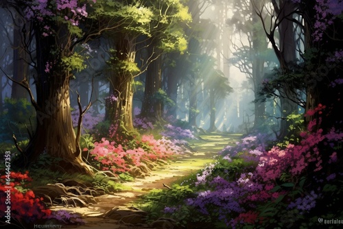Enchanting forest, bright flowers, calm scene, lush vegetation, timeless beauty. Generative AI