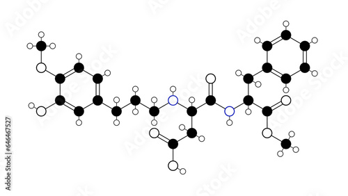 advantame molecule, structural chemical formula, ball-and-stick model, isolated image food additive e969