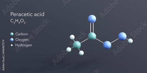 peracetic acid molecule 3d rendering, flat molecular structure with chemical formula and atoms color coding photo