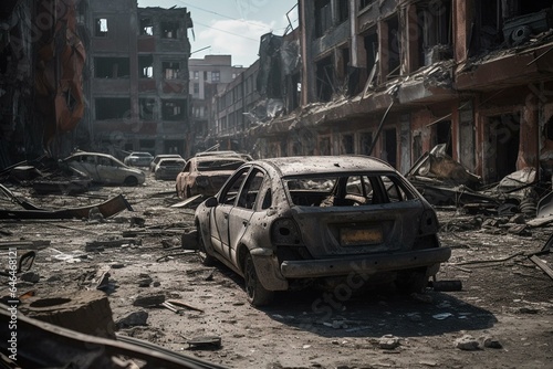 Devastated city showing aftermath of Ukrainian invasion by Russia. War-damaged vehicle amidst ruins from a bombed building explosion. Generative AI
