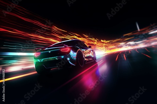 Abstract high-speed car racing with multicolored taillights streaking in a digital street background. Generative AI