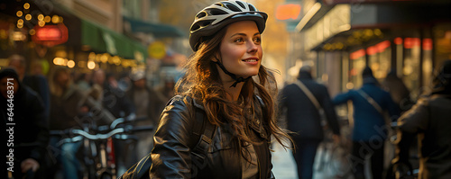 Eco-conscious Woman Navigating Bike through Historic Urban Cente
