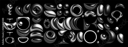 Horizontal  abstract background with rounded metalic moon shapes, epitomizing modern brutalism and Bauhaus style, is ideal for striking covers and contemporary designs. Chrome effect