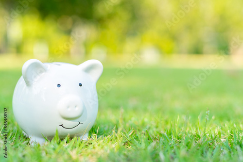 Investing and saving money concept. Cute white piggy bank standing in green grass outdoors with copy space. Financial planning and money saving concept.