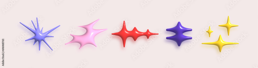 Set of geometric 3d logos space explosion, dazzling flash. Modern bold brutalist objects and Y2k shapes of the sun and stars. Colorful minimalistic figures silhouettes. Contemporary design. Set of geometric 3d logos space explosion, dazzling flash. Modern bold brutalist objects and Y2k shapes of the sun and stars. Colorful minimalistic figures silhouettes. Contemporary design.