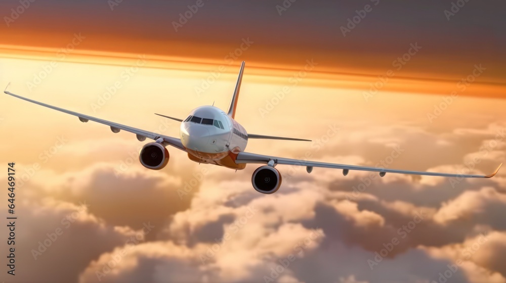 Airplane in sky with sunset view