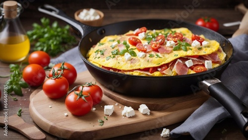 Omelet with tomatoes jamon and feta cheese in pan