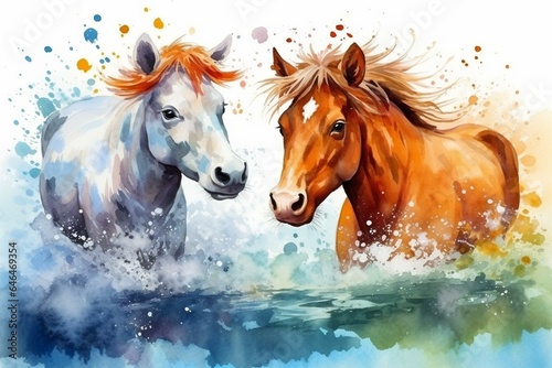 Hand-drawn watercolor illustration of spirited horse and cow. Generative AI