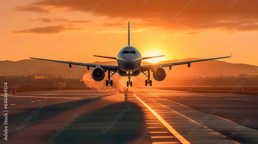 Airplane landing in sunset view - obrazy, fototapety, plakaty 