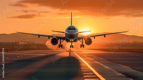 Airplane landing in sunset view photo