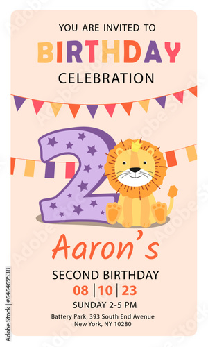 Happy second birthday with lion baby boy invitation card vector