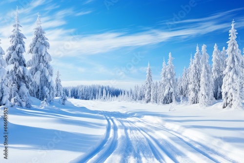 Ski trail in snowy landscape under blue sky. Generative AI © Zara