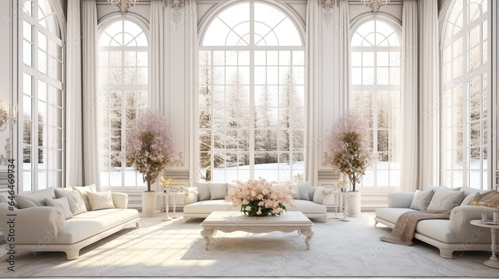 Luksusowy i elegancki salon z wysokimi oknami i zasłonami Luksusowy i elegancki salon z wysokimi oknami i zasłonami
