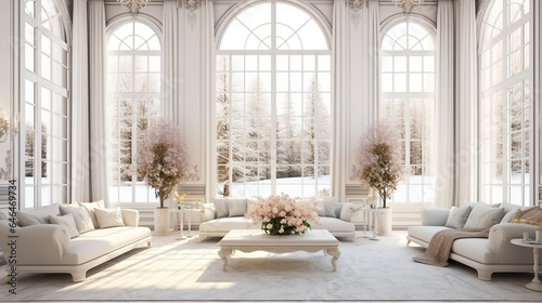 Luksusowy i elegancki salon z wysokimi oknami i zasłonami  © VILKTERIO