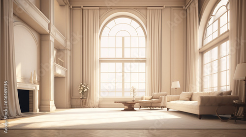 Luksusowy i elegancki salon z wysokimi oknami i zasłonami  © VILKTERIO