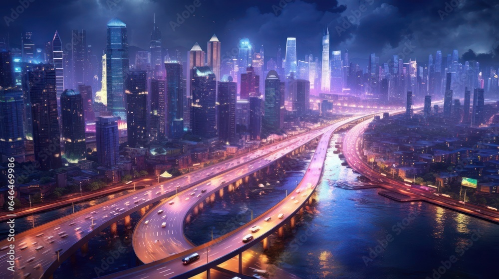 Futuristic cityscapes at night time