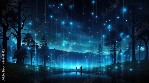 network connection technology and data flowing in tree trunks blue cyber polygons with futuristic elements