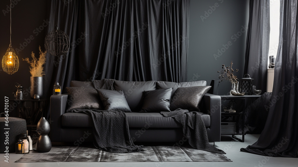 Czarny pokój z sofą zasłonami i poduszkami - obrazy, fototapety, plakaty 