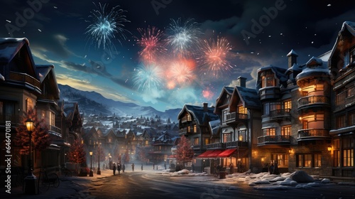new year fireworks glowing blue green red building background at night