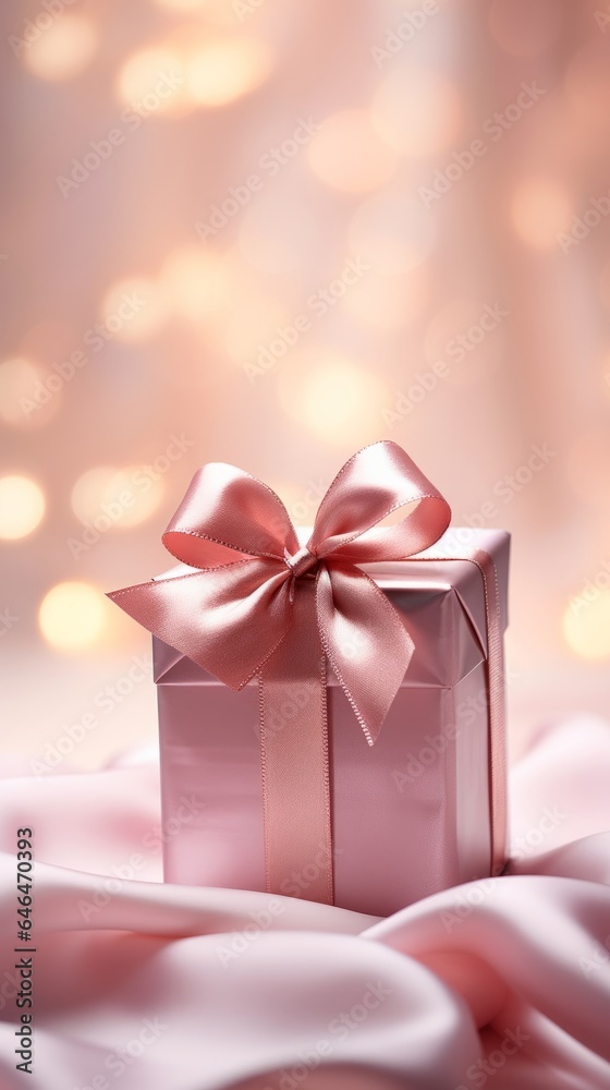 Photo of a pink gift box with a beautiful bow on a soft blanket created with Generative AI technology