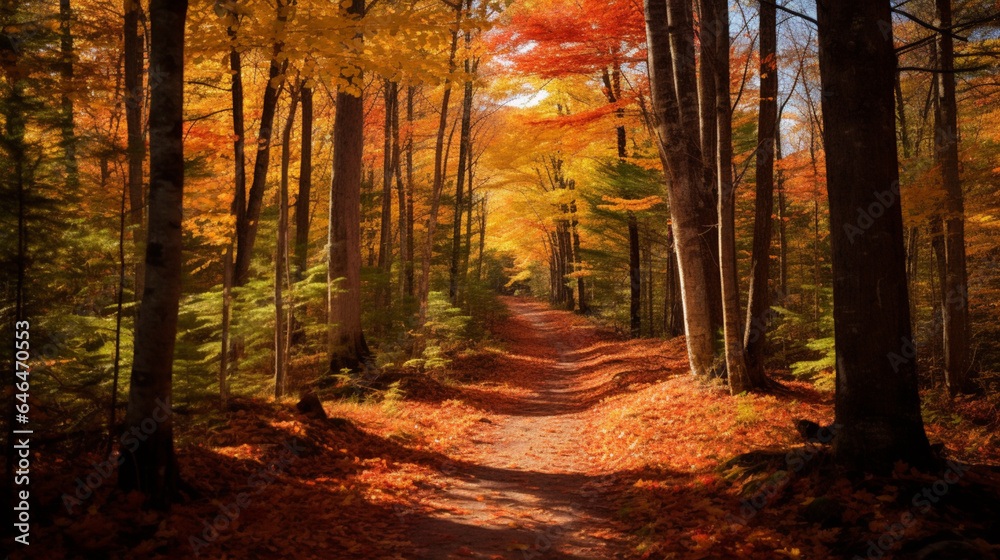 Forest hike framed by the deep reds and oranges of fall. Beautiful forest during the fall. Forest hike framed by the deep reds and oranges of fall. Beautiful forest during the fall.