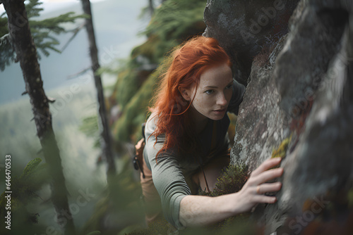 Red-haired woman rock climber on the mountain 1 photo