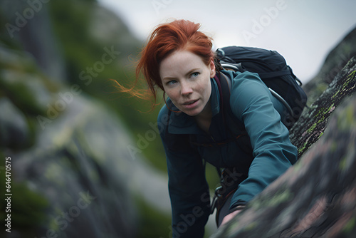 Red-haired woman rock climber on the mountain 3 photo