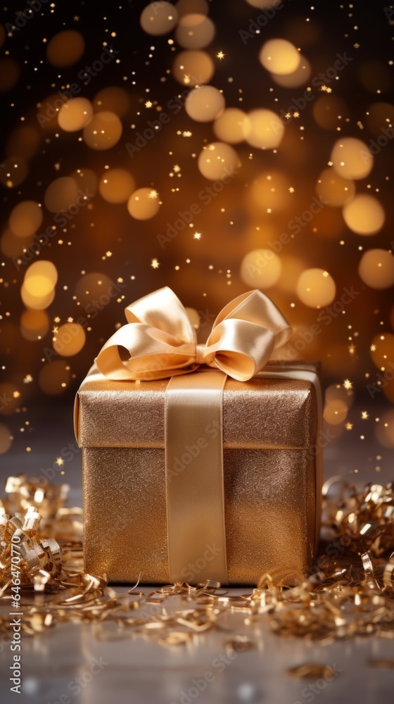 Photo of a beautifully wrapped gold Christmas gift box with a luxurious gold bow on a table created with Generative AI technology Photo of a beautifully wrapped gold Christmas gift box with a luxurious gold bow on a table created with Generative AI technology