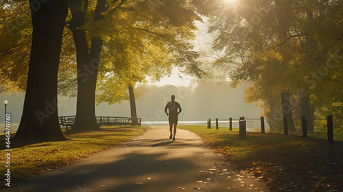 Low-angle view of a jogger on a leafy trail with morning sunlight filtering through.