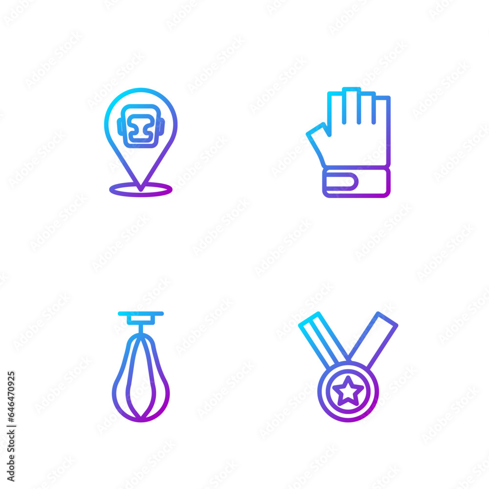 Set line Medal, Punching bag, Boxing helmet and MMA glove. Gradient color icons. Vector Set line Medal, Punching bag, Boxing helmet and MMA glove. Gradient color icons. Vector