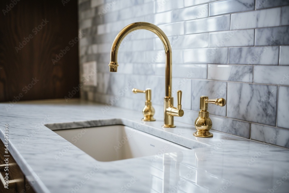 Kitchen faucet detail with cabinets, gold faucet, marble countertops, and ceramic tile backsplash. Generative AI - obrazy, fototapety, plakaty 