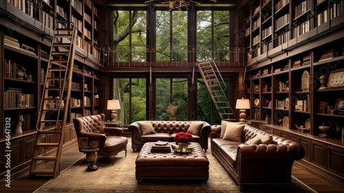 A home library with a rolling ladder and leather armchairs