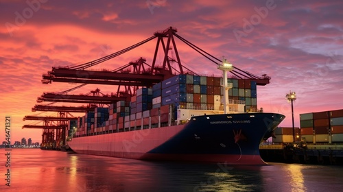 container cargo freight ship at sunset