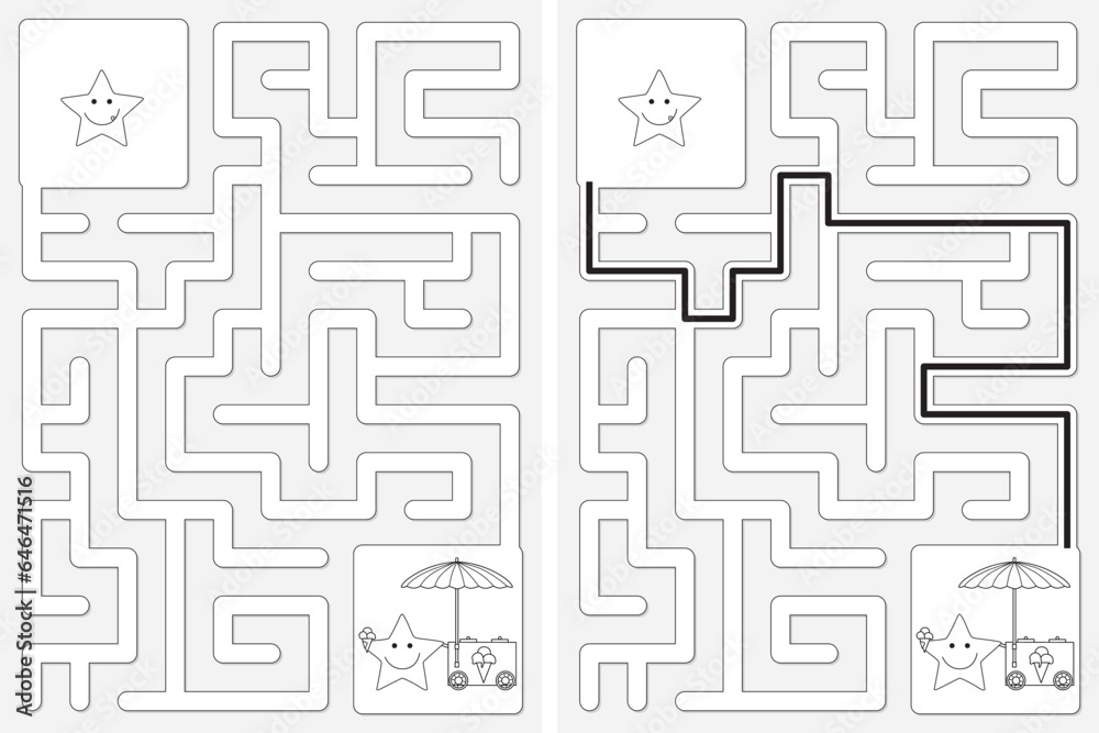 Easy little star maze for kids with a solution in black and white