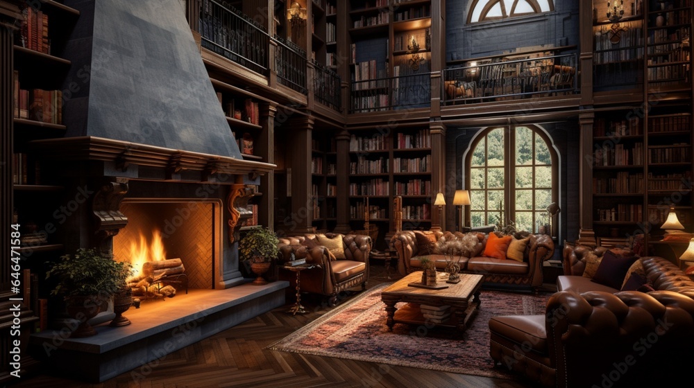 A home library with floor-to-ceiling bookshelves and a cozy fireplace