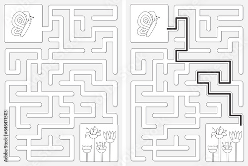Easy little butterfly maze for kids with a solution in black and white