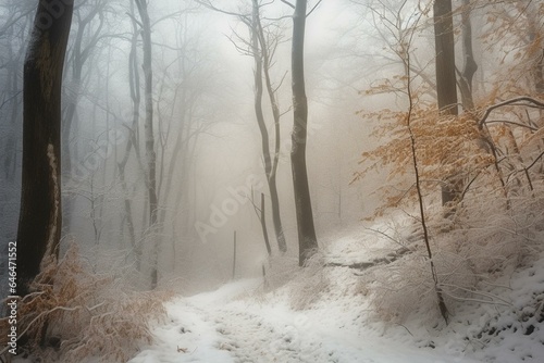 Misty woodland scenery with snow-covered trees. Generative AI