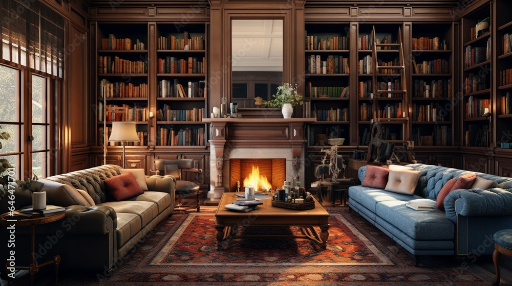 A home library with floor-to-ceiling bookshelves and a cozy fireplace A home library with floor-to-ceiling bookshelves and a cozy fireplace