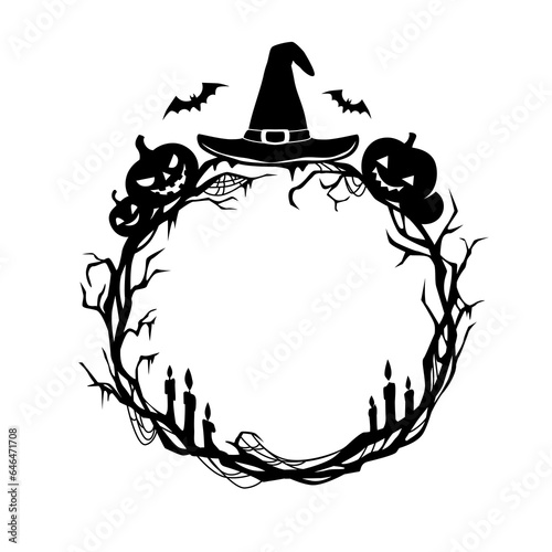 Halloween holiday black frame with candles and bats, witch hat and pumpkins, vector border. Halloween horror night circle border frame with spooky scary pumpkin and creepy trees for greeting card