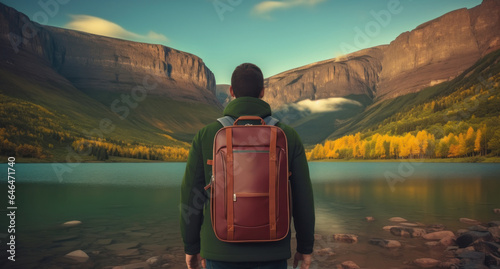 Young man with backpack leaving home for a free life